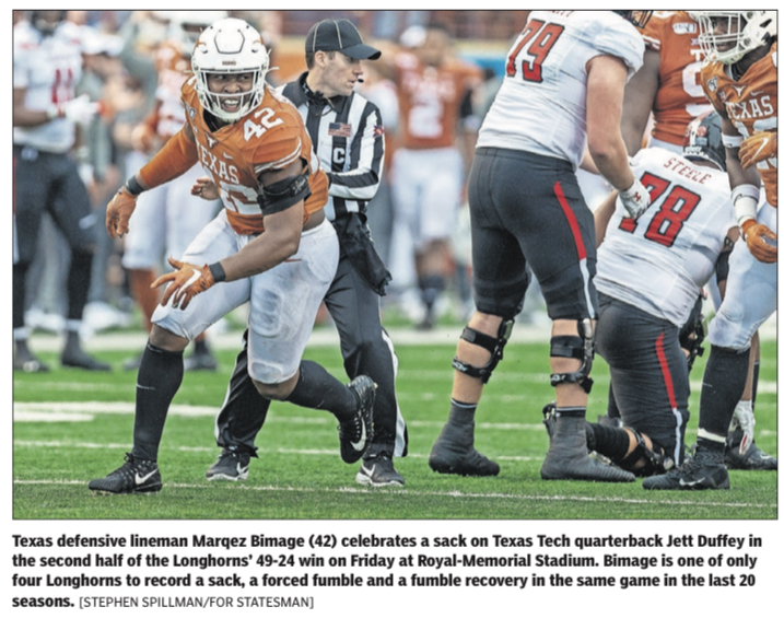 Newspaper clipping: Texas defensive lineman Marqez Bimage (42) celebrates a sack against Texas Tech, one of only four Longhorns to record a sack, forced fumble, and fumble recovery in the same game in the last 20 seasons
