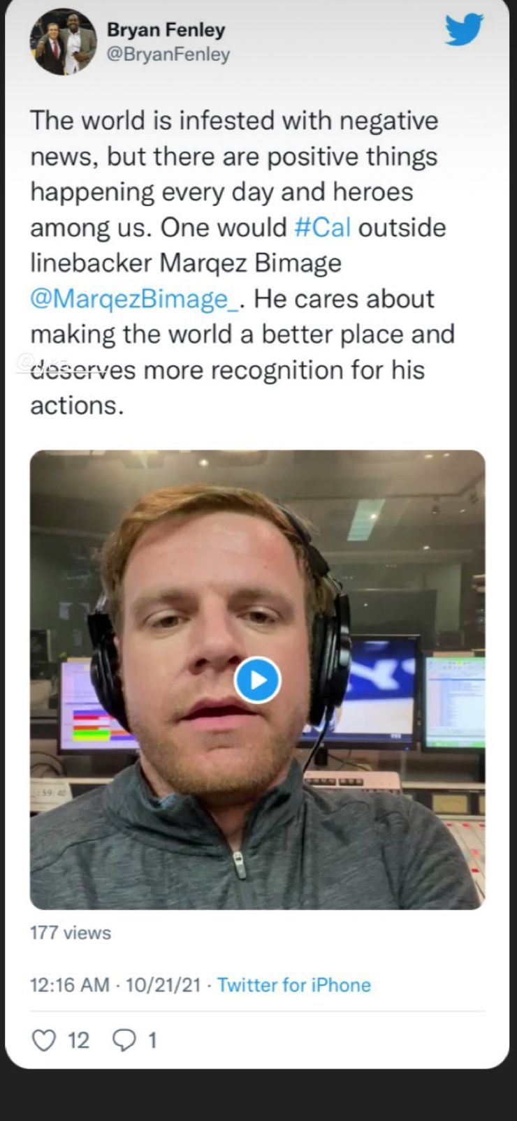 Post from Bryan Fenley describing Marqez Bimage as a hero among us who cares about making the world a better place