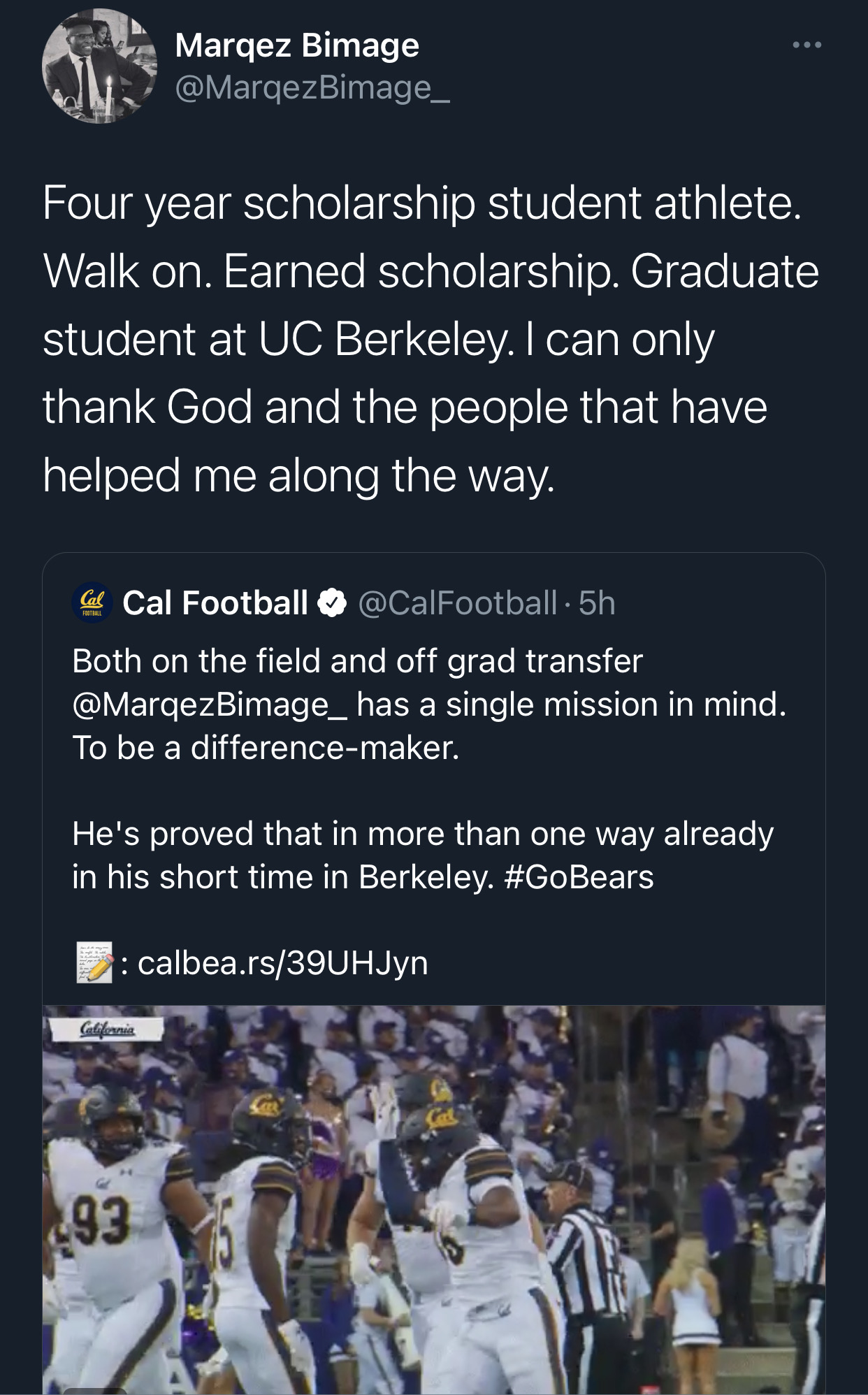 Post from Marqez Bimage: four-year scholarship college athlete, walk-on, earned scholarship, graduate student at UC Berkeley, thanking God and the people who helped along the way